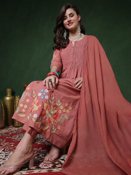 Peach Rayon Calf Length Solid 3/4 Sleeves Round Neck Semi-Flared Kurta Suit Set