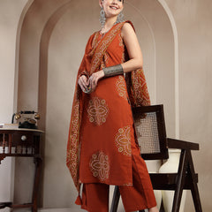 Gulmohar Jaipur Cotton Calf Length Printed Sleeveless Round Neck Straight Kurta Suit Set