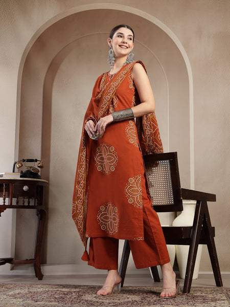 Gulmohar Jaipur Cotton Calf Length Printed Sleeveless Round Neck Straight Kurta Suit Set