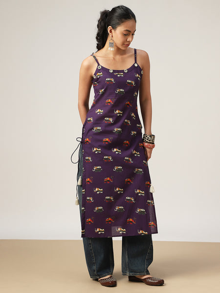 Rayon Calf Length Printed Sleeveless Strappy Straight Kurta