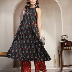 Cotton Calf Length Printed Sleeveless Round Neck Flared Kurta Suit Set