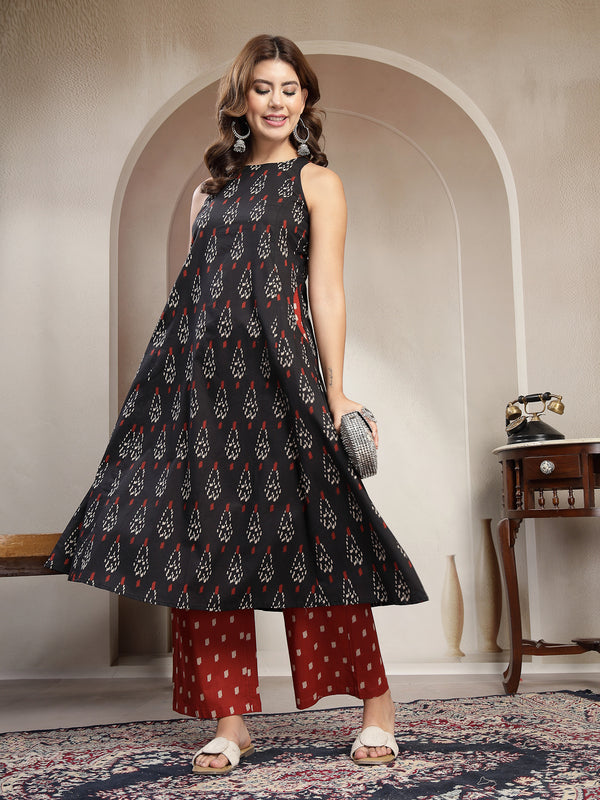 Cotton Calf Length Printed Sleeveless Round Neck Flared Kurta Suit Set