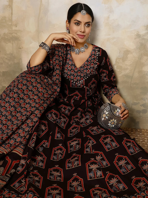 Cotton Calf Length Printed V-Neck Anarkali Kurta Suit Set