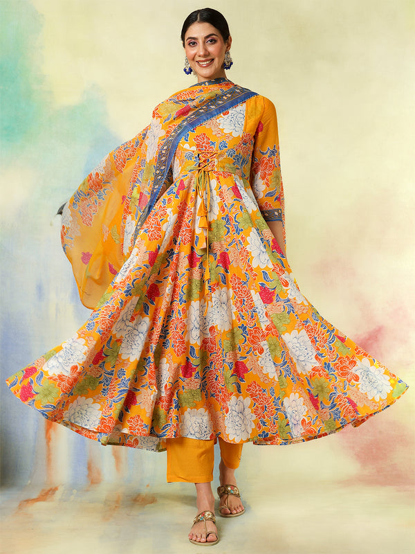 Blue Pure Cotton Printed Hand-Work Anarkali Kurta Suit Set