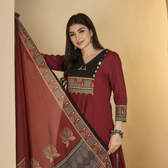 Gulmohar Jaipur Rayon Calf Length Solid 3/4 Sleeves V-Neck Flared Kurta Suit Set