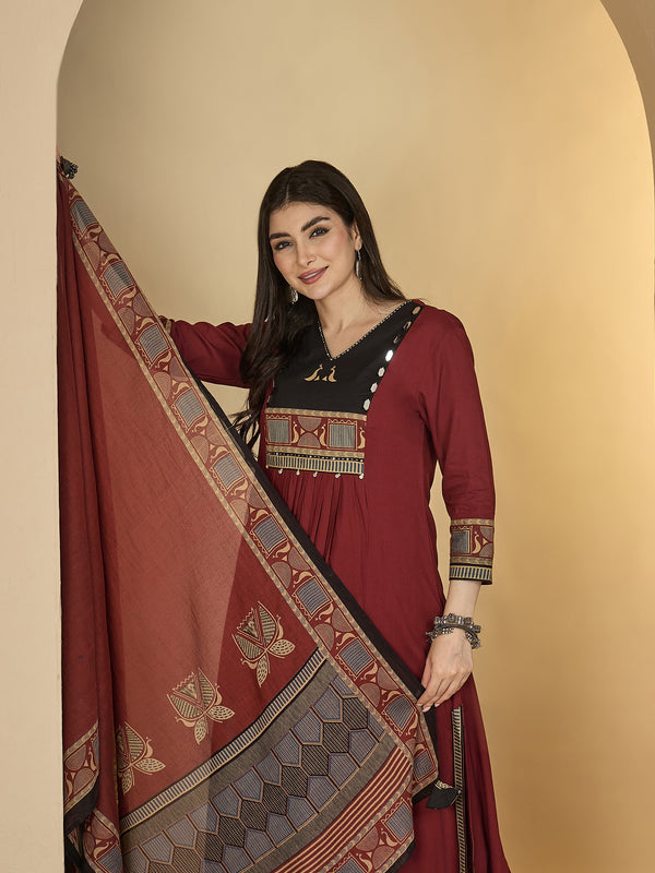 Gulmohar Jaipur Rayon Calf Length Solid 3/4 Sleeves V-Neck Flared Kurta Suit Set
