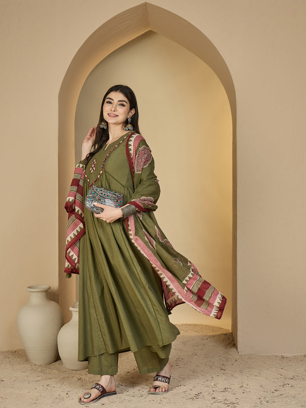 Gulmohar Jaipur Cotton Calf Length Solid 3/4 Sleeves Round Neck Flared Kurta Suit Set