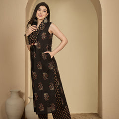Gulmohar Jaipur Cotton Calf Length Printed Sleeveless Collard Straight Kurta Suit Set