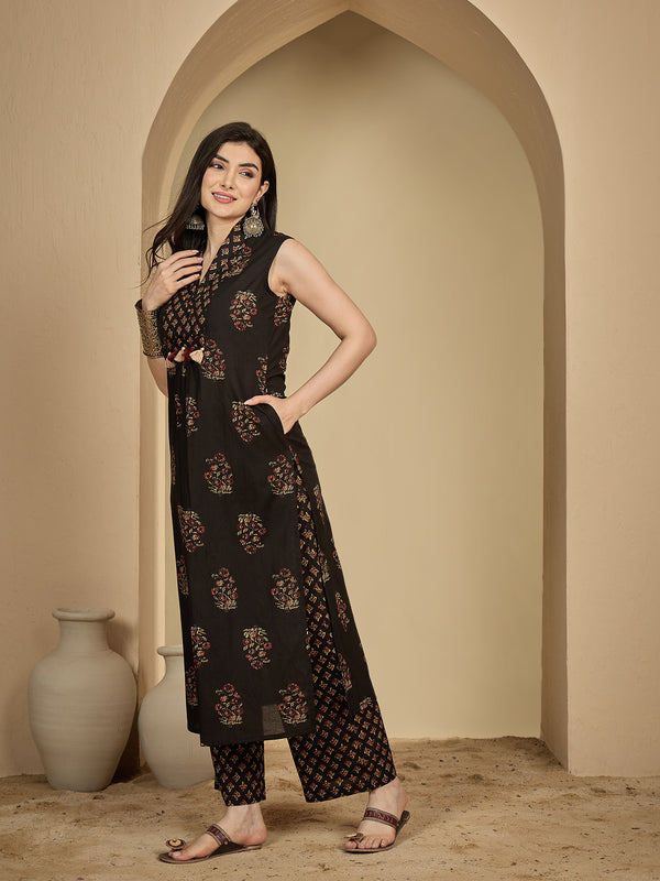 Gulmohar Jaipur Cotton Calf Length Printed Sleeveless Collard Straight Kurta Suit Set