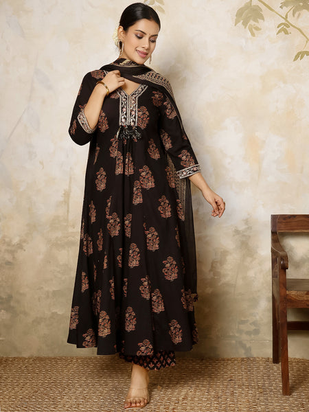 Black Cotton Calf Length Printed V-Neck Flared Kurta Suit Set