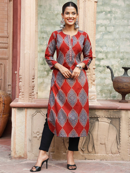 Maroon Cotton Calf Length Printed Straight Round Neck Kurta
