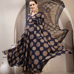 Gulmohar Jaipur Cotton Calf Length Printed 3/4 Sleeve V-Neck Anarkali Kurta Suit Set
