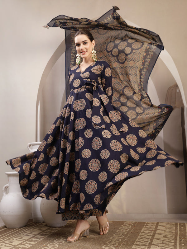 Gulmohar Jaipur Cotton Calf Length Printed 3/4 Sleeve V-Neck Anarkali Kurta Suit Set