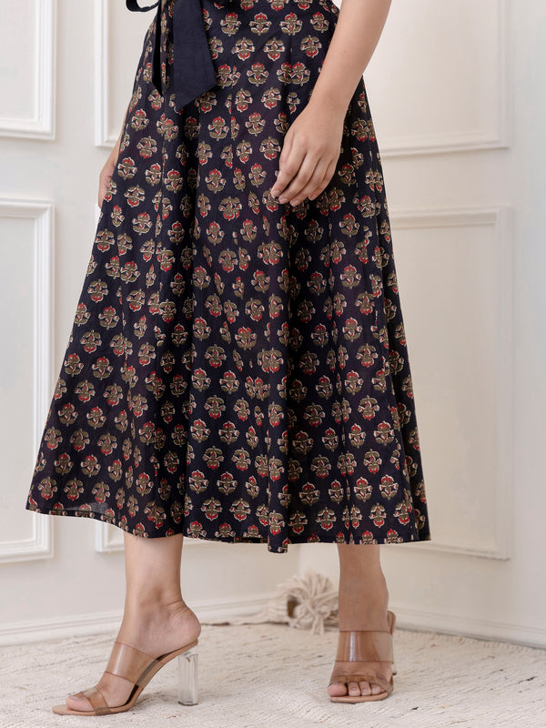 Navy Cotton Calf Length Printed Flared Palazzo
