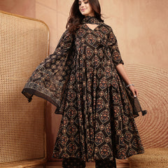Gulmohar Jaipur Cotton Calf Length Printed 3/4 Sleeves V-Neck Anarkali Kurta Suit Set