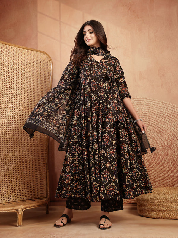 Gulmohar Jaipur Cotton Calf Length Printed 3/4 Sleeves V-Neck Anarkali Kurta Suit Set