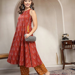 Cotton Calf Length Printed Sleeveless Round Neck Flared Kurta Suit Set