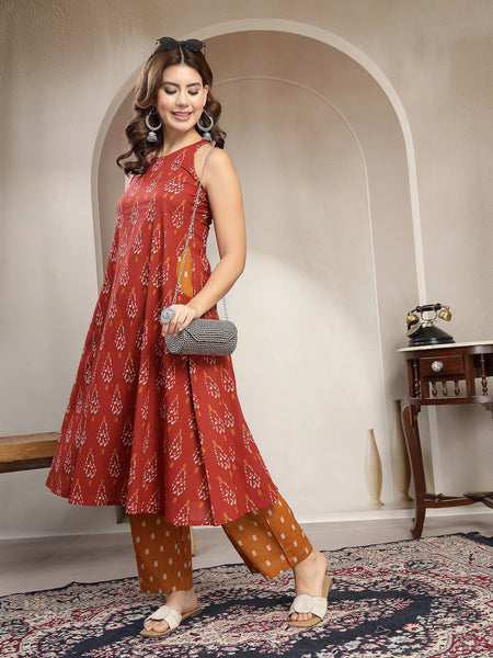 Cotton Calf Length Printed Sleeveless Round Neck Flared Kurta Suit Set
