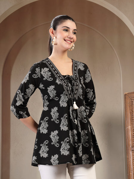 Gulmohar Jaipur Cotton Hip Length Printed 3/4 Sleeves V-Neck Flared Top