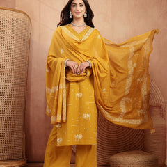 Gulmohar Jaipur Rayon Calf Length Printed 3/4 Sleeves V-Neck Straight Kurta Suit Set