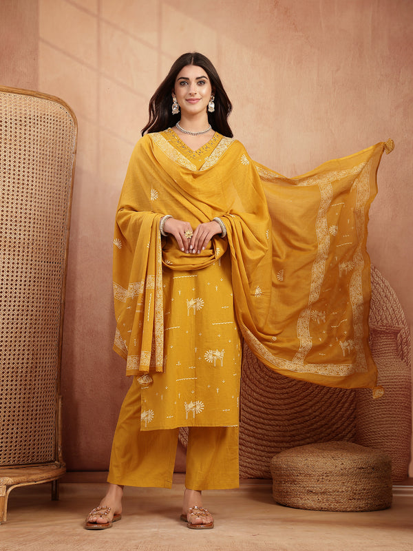 Gulmohar Jaipur Rayon Calf Length Printed 3/4 Sleeves V-Neck Straight Kurta Suit Set
