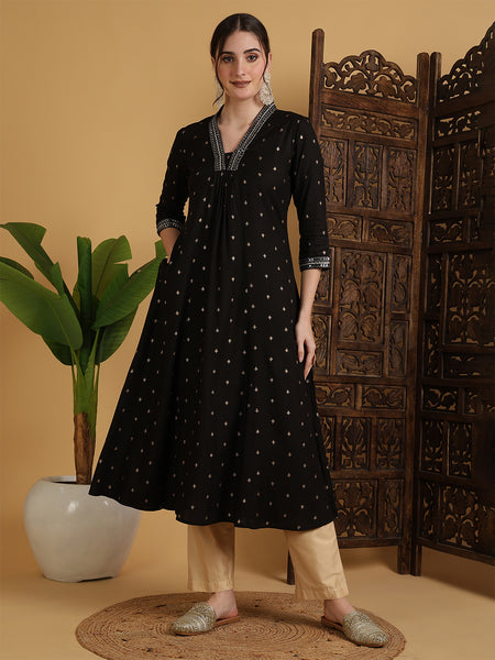 Black Rayon Calf Length Solid Semi-Flared V-Neck Kurta