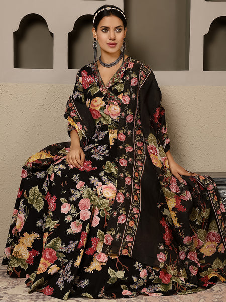 Black Cotton Calf Length Printed V-Neck Anarkali Kurta Suit Set