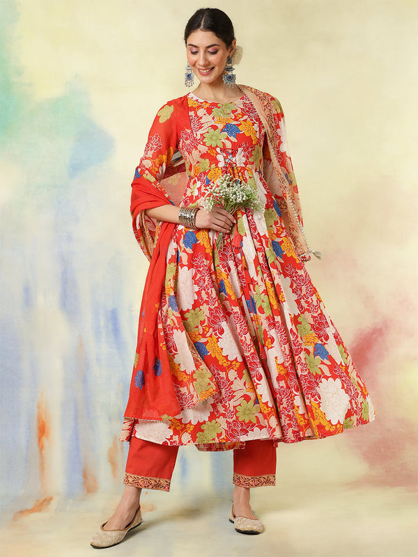 Blue Pure Cotton Printed Hand-Work Anarkali Kurta Suit Set