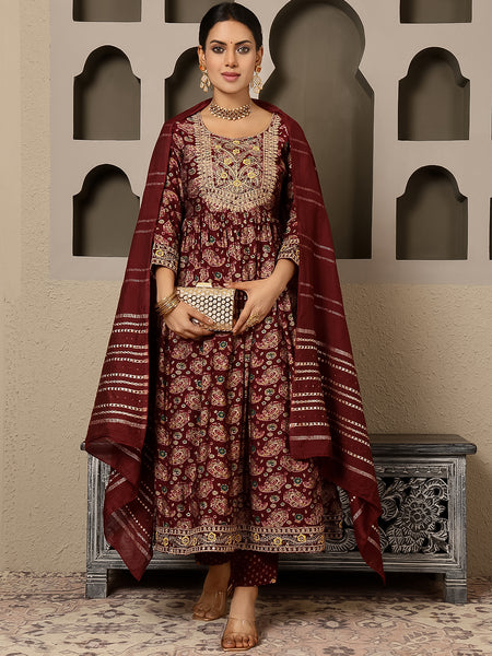 Maroon Rayon Calf Length Printed Round Flared Kurta Suit Set