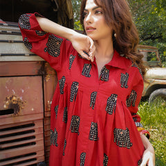 Gulmohar Jaipur Cotton Calf Length Printed Full Sleeve Shirt Collar Flared Dress