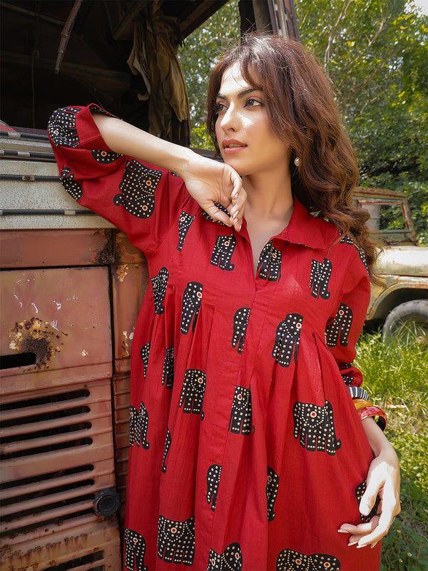 Gulmohar Jaipur Cotton Calf Length Printed Full Sleeve Shirt Collar Flared Dress