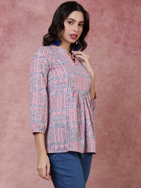 Rayon Short Length Length Printed Regular 3/4 Sleeves Mandarin Top