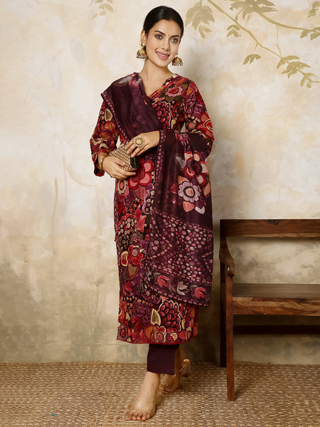 Maroon Rayon Calf Length Printed Round Flared Kurta Suit Set