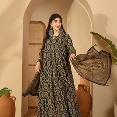 Gulmohar Jaipur Cotton Calf Length Printed 3/4 Sleeve Key Hole Neck Anarkali Kurta Suit Set