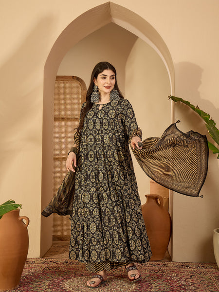 Gulmohar Jaipur Cotton Calf Length Printed 3/4 Sleeve Key Hole Neck Anarkali Kurta Suit Set