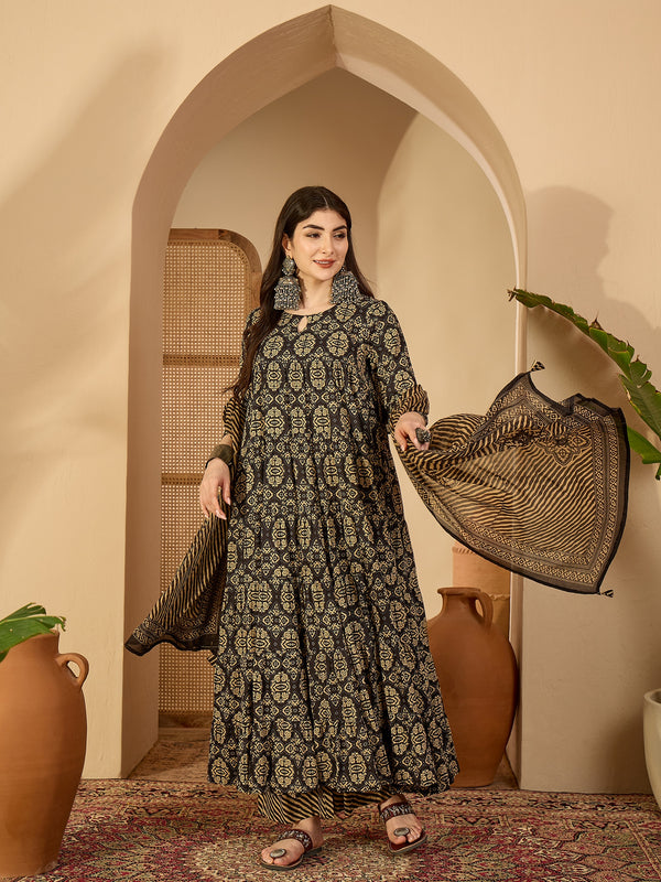 Gulmohar Jaipur Cotton Calf Length Printed 3/4 Sleeve Key Hole Neck Anarkali Kurta Suit Set