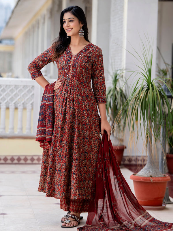 Maroon Cotton Calf Length Printed V-Neck Anarkali Kurta Suit Set