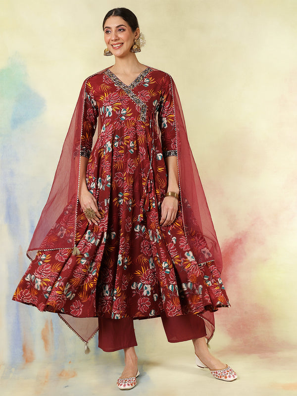Black Pure Cotton Printed hand-Work Anarkali Kurta Suit Set