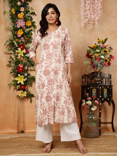 Cream Cotton Flex Calf Length Printed Round Neck A-Line Kurta