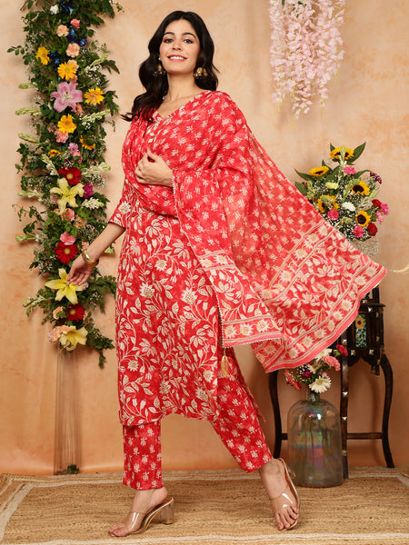Red Cotton Calf Length Printed V-Neck Straight Kurta Suit Set