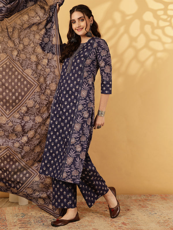 Calf Length Printed Straight 3/4 Sleeves Round Neck Kurta Bottom Dupatta Set