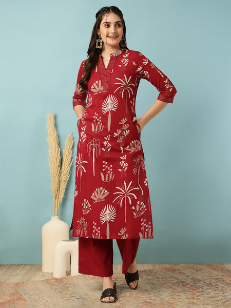 Rayon Calf Length Printed Straight 3/4 Sleeves Mandarin Neck Kurta Bottom Set