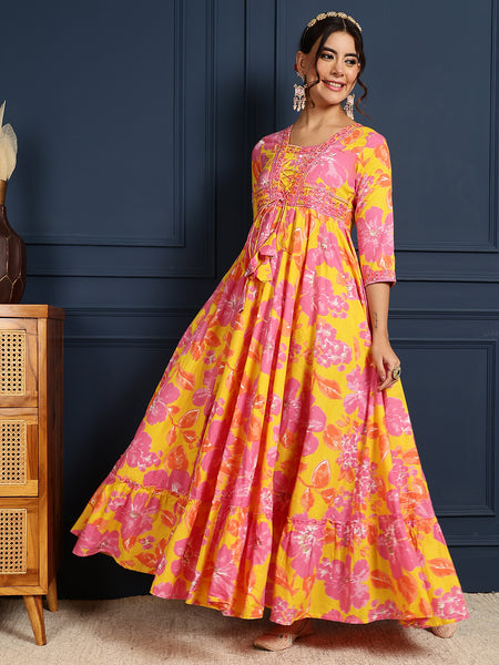 Yellow Cotton Ankle Length Printed V-Neck  Anarkali Gown