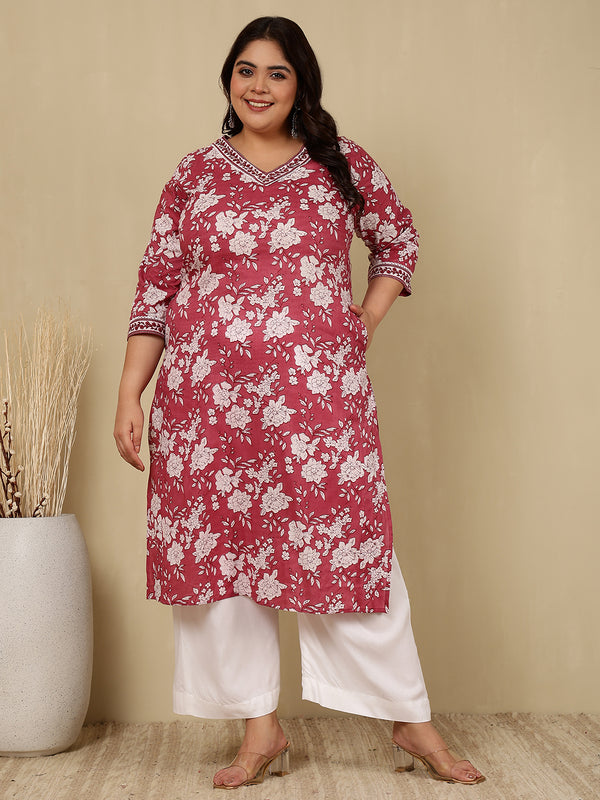 Cotton  Calf Length Printed Straight 3/4 Sleeves V-Neck Kurta