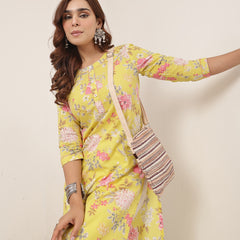 Cotton Calf Length Printed 3/4 Sleeve Round Neck Straight Kurta