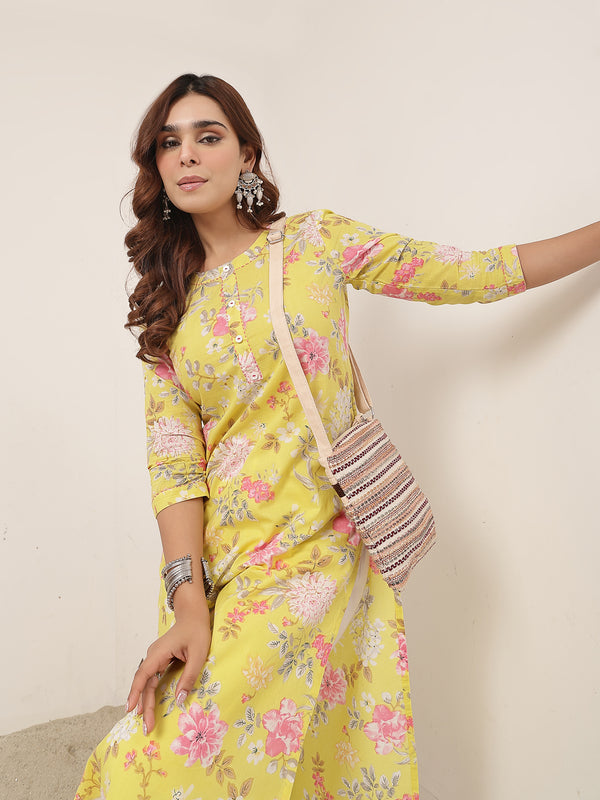 Cotton Calf Length Printed 3/4 Sleeve Round Neck Straight Kurta