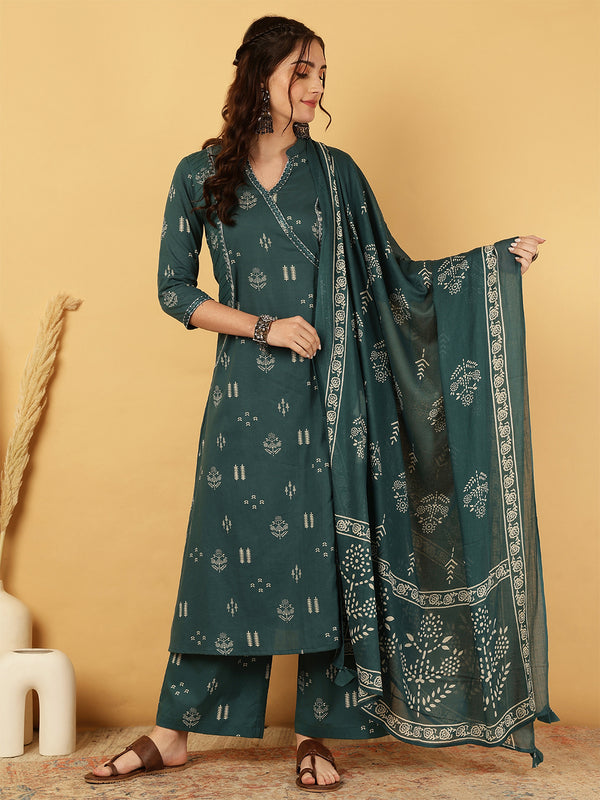 Rayon Calf Length Printed Straight 3/4 Sleeves V-Neck Kurta Bottom Dupatta Set