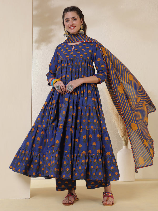 Cotton Calf Length Printed 3/4 Sleeves Key Hole Neck Anarkali Kurta Suit Set