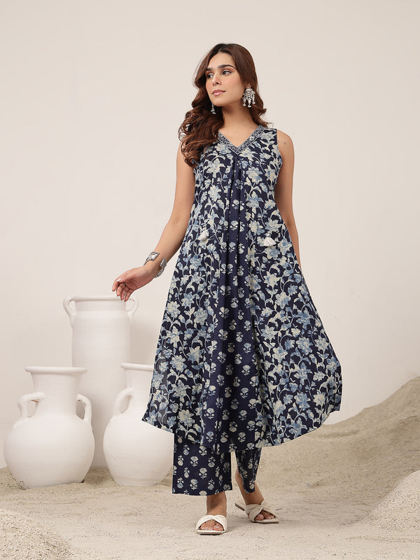 Rayon Calf Length Printed Sleeveless V-Neck Flared Kurta