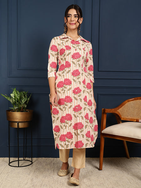 Pink Cotton Flex Calf Length Printed Shirt Coller Straight Kurta